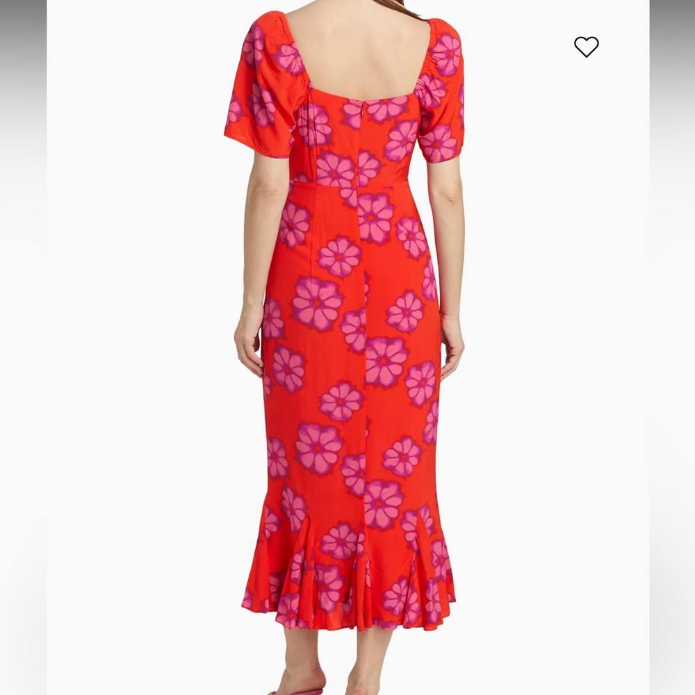 RHODE Red and Pink Ruffled Midi Dress with Puff Sleeves - Picture 6 of 10